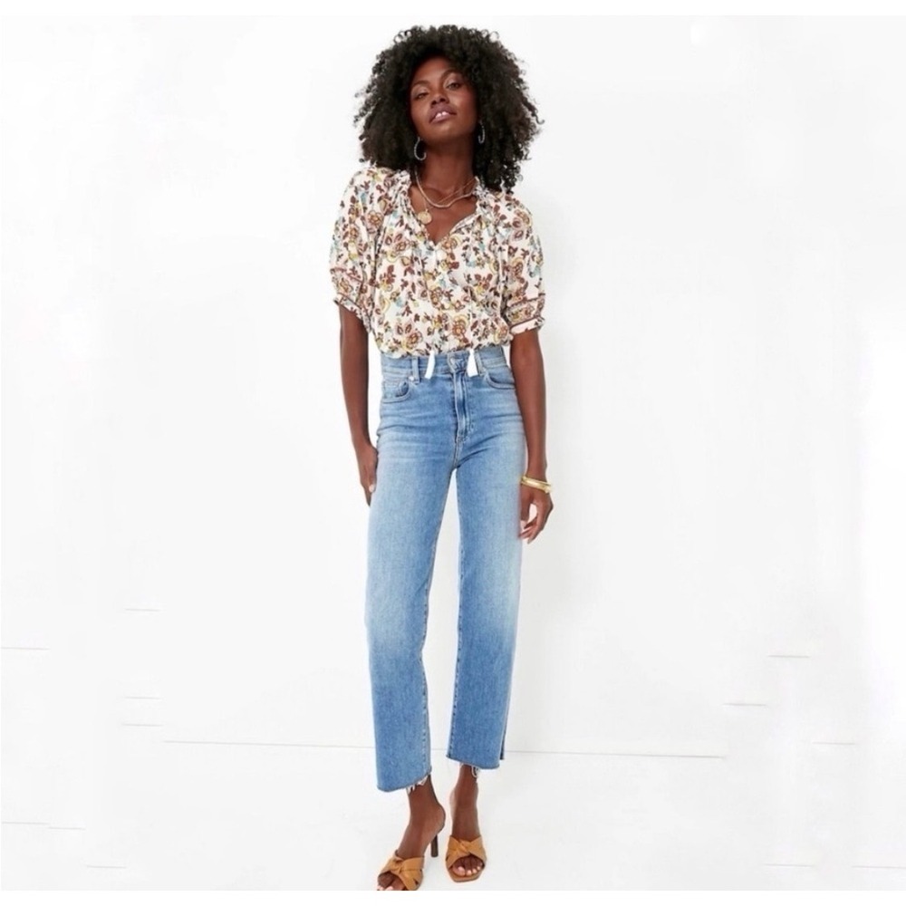 Cleobella Floral Blouse Women Small White Boho Organic Cotton Puff Sleeve Tassel